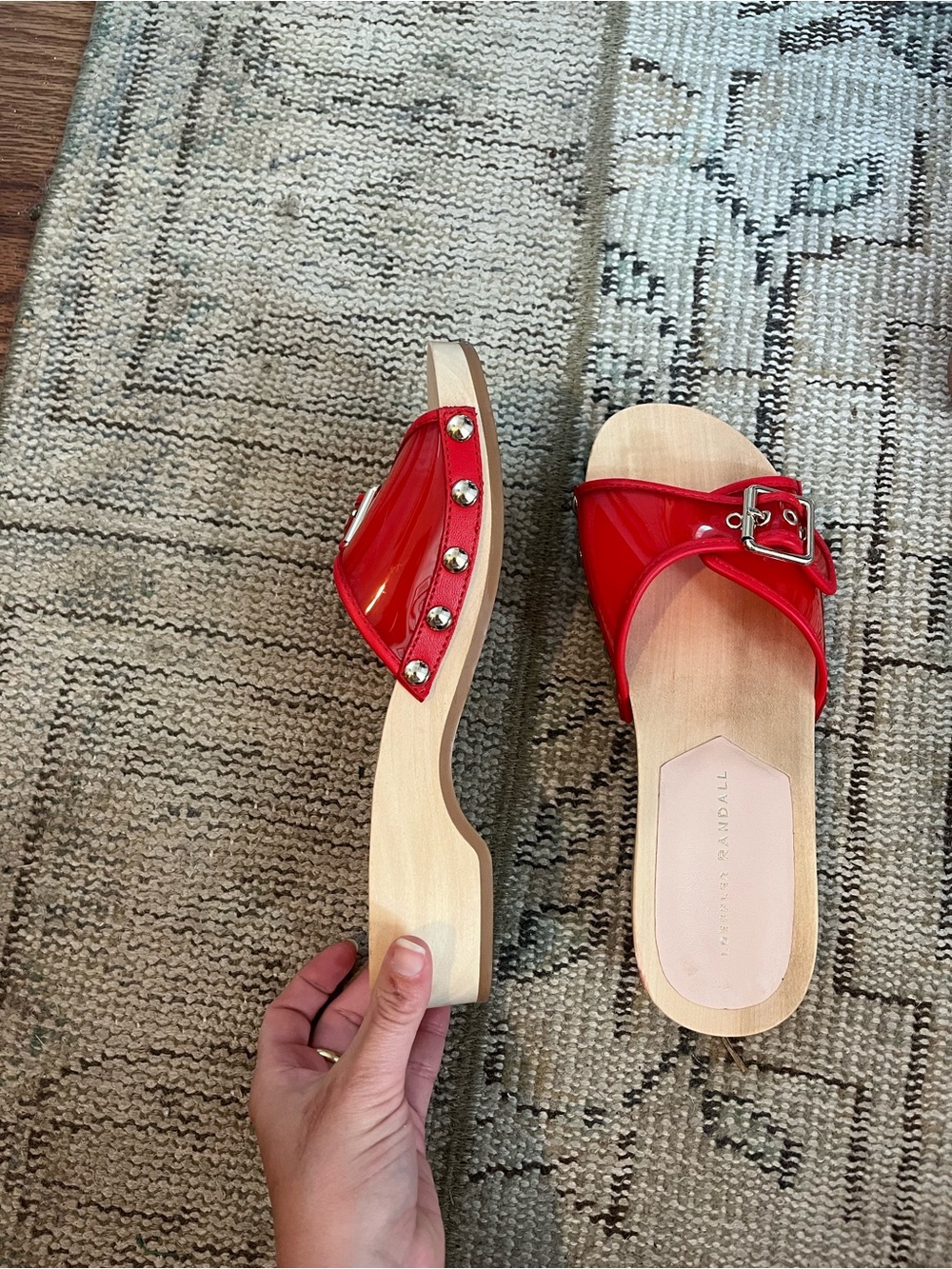 Loeffler Randall Red Patent Slide Sandals with Stud Detail, worn one time